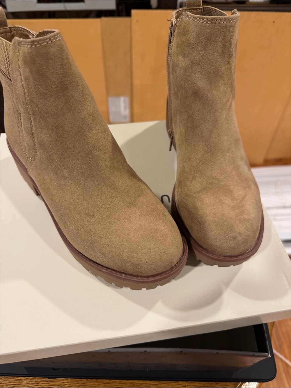 Women's Suede Ankle Booties in Tan - Zip Side Casual Boot